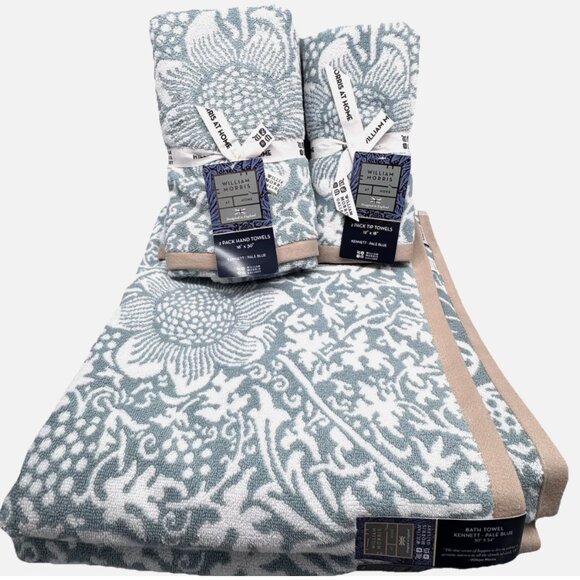 6 Pc William Morris KENNETT Pale Blue Floral Vines Bath Hand Tip Towel Set NEW - Picture 1 of 13